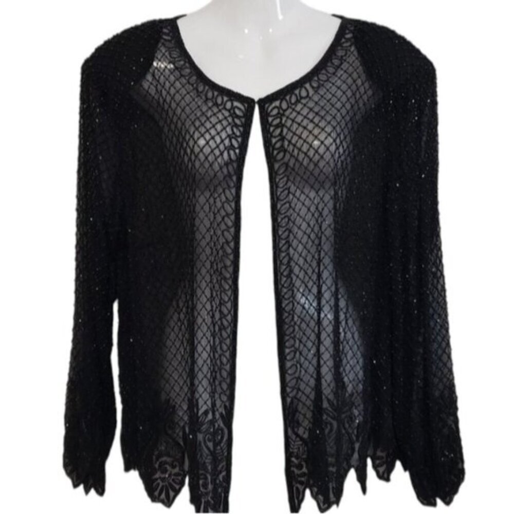 Vintage Open Jacket Women's XL Round Neck Shoulder Pads Black Beaded Sheer